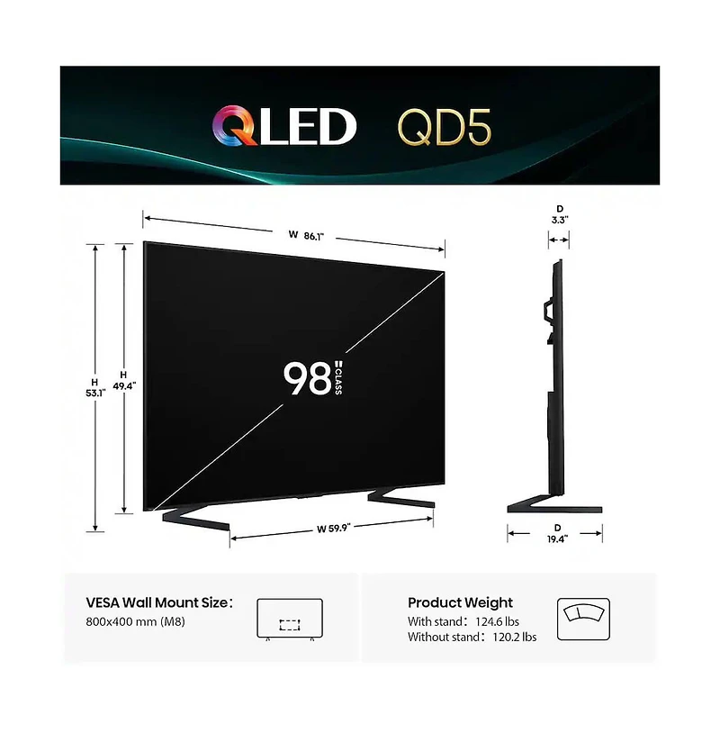 98" QD5 Series 4K Qled Smart Google Tv Quantum Dot, Dolby Vision HDR10+, Wi-Fi 6, Game Mode, Alexa/Google Compatible - 98QD5QG