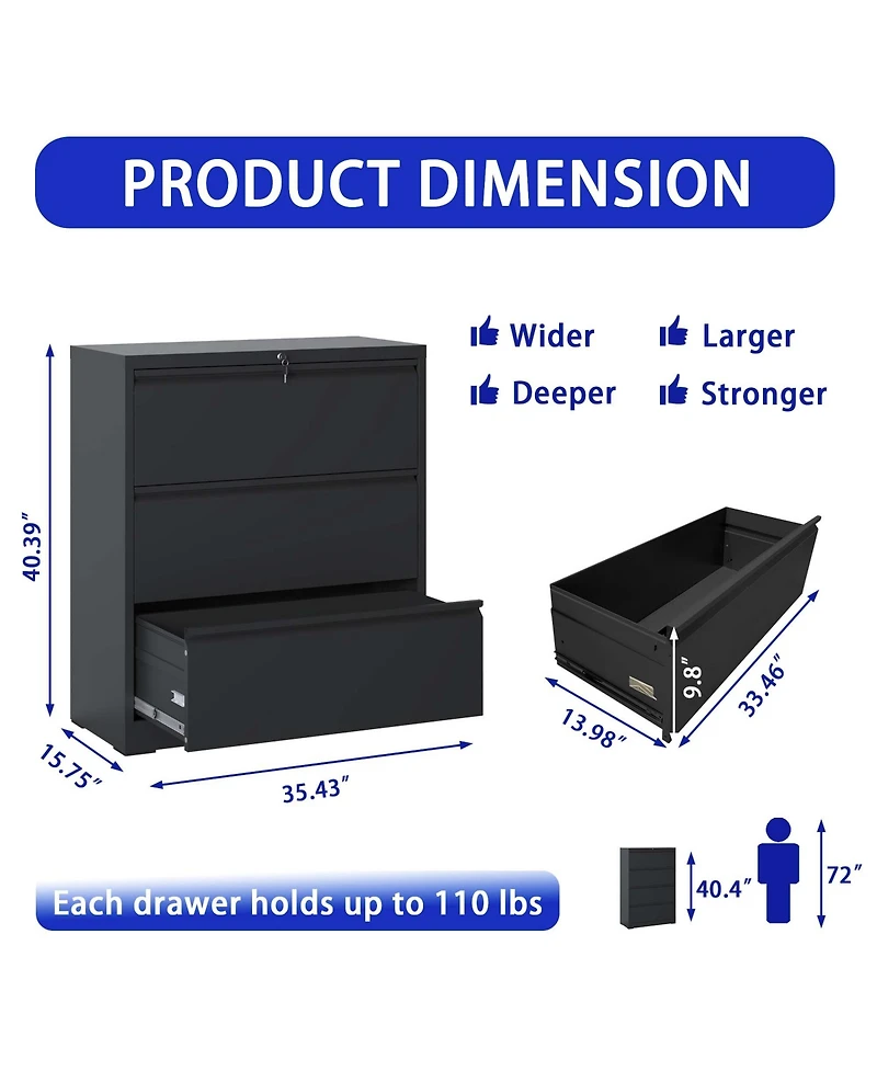 Boyel Living Lateral File Cabinet 3 Drawer, Lockable File Cabinet for Home Office, Locking Metal File Cabinet for Legal/Letter/A4/F4 Size