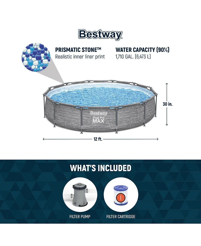 Bestway Steel Pro Max 12' x 30" Above Ground Outdoor Swimming Pool Set, Gray