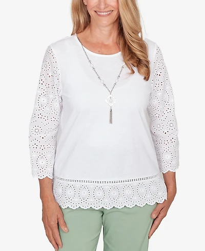 Alfred Dunner Petite St. Augustine Solid Eyelet Trim Top with Necklace
