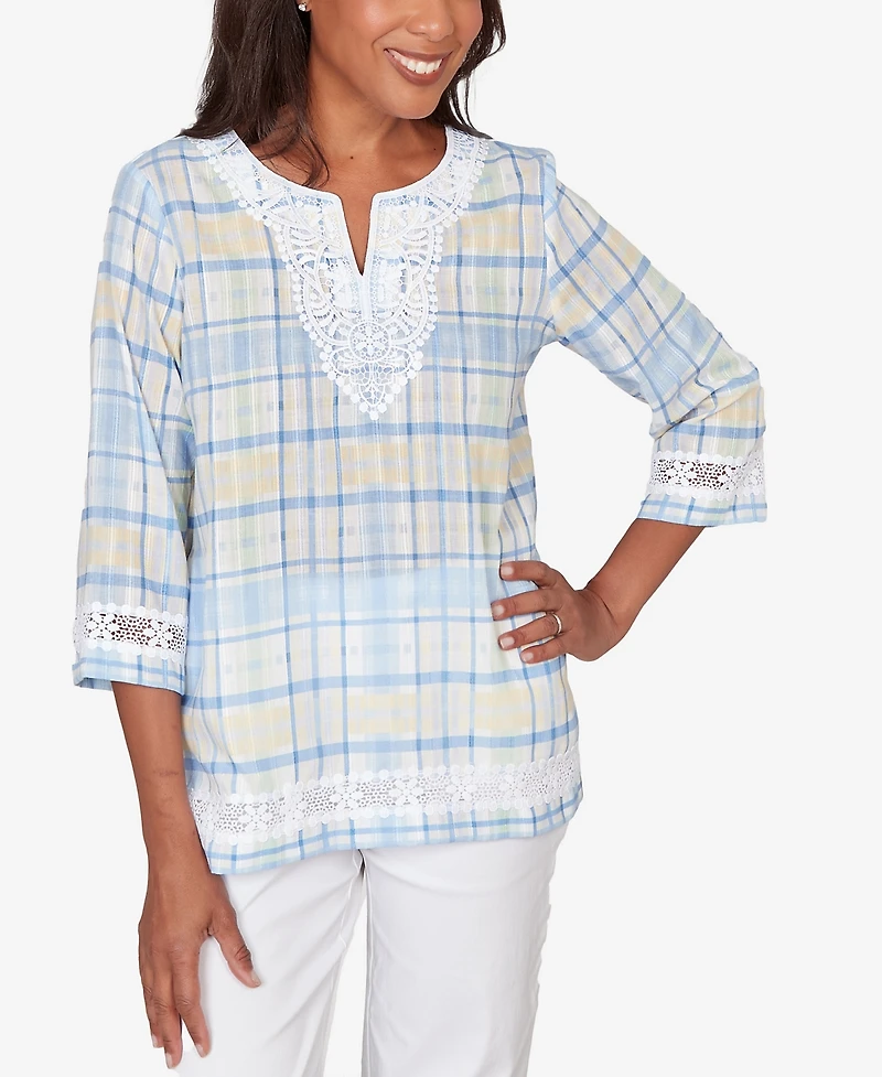 Alfred Dunner Petite Classic Plaid Embellished Lace Top