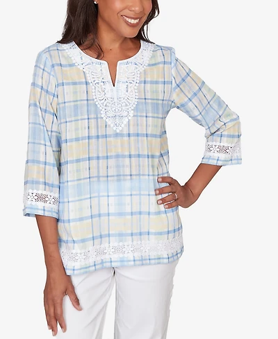 Alfred Dunner Petite Classic Plaid Embellished Lace Top