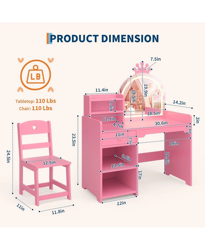 "Gaomon Kids Vanity Table & Chair Set with Mirror, Lights, Drawer & Shelves – White Wooden Makeup Desk for Little Girls Bedroom"