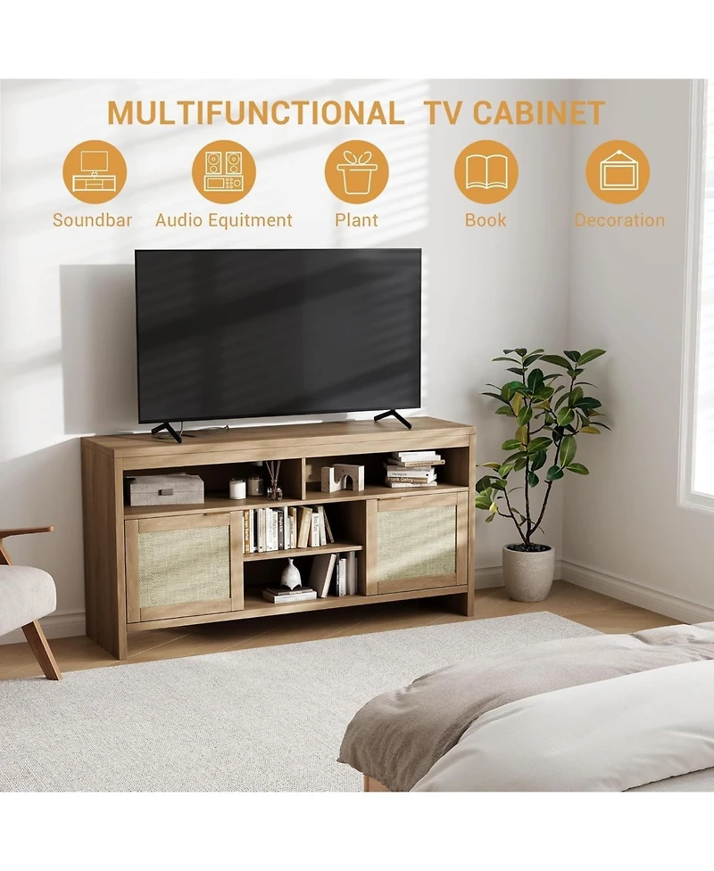 gaomon 58" Boho Tv Stand for 65" TVs, Rattan Entertainment Center with Adjustable Shelves, Oak