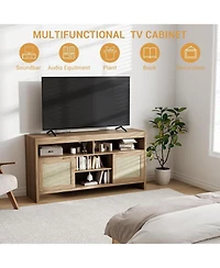gaomon 58" Boho Tv Stand for 65" TVs, Rattan Entertainment Center with Adjustable Shelves, Oak
