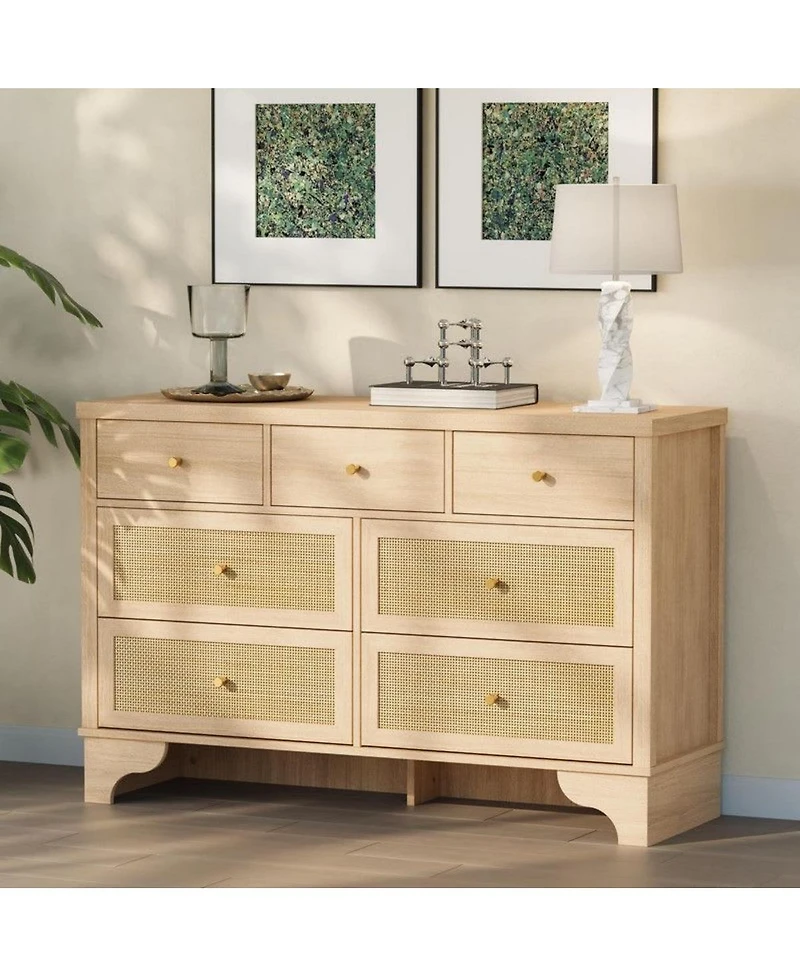 gaomon 7-Drawer Modern Dresser for Bedroom, Wood Chest with Natural Rattan Fronts, Sturdy Base, Organizer for Living Room, Entryway