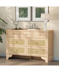 gaomon 7-Drawer Modern Dresser for Bedroom, Wood Chest with Natural Rattan Fronts, Sturdy Base, Organizer for Living Room, Entryway