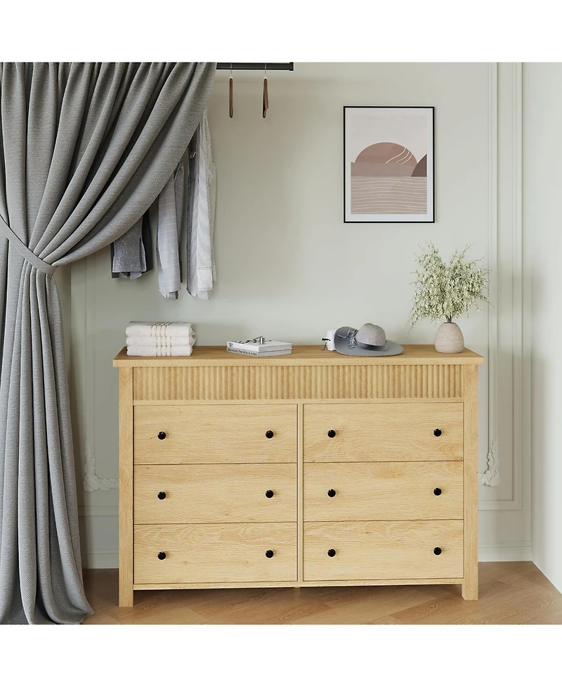 gaomon 6-Drawer Farmhouse Dresser Bedroom Wooden Chest of Drawers, Fluted Tv Stand Storage Cabinet for Living Room, Hallway, Office, Natural