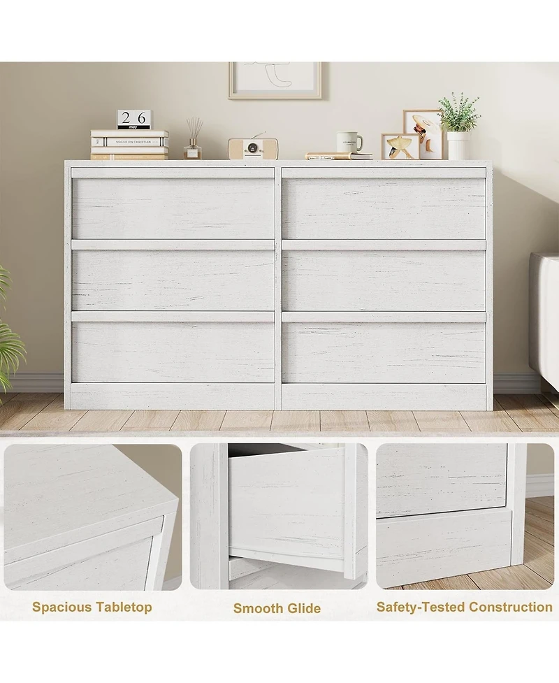 gaomon 6-Drawer Modern Double Dresser Organizer, Large Storage Wooden Chest for Bedroom, Living Room, Nursery, Hallway, White