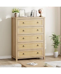 gaomon 5-Drawer Rattan Tall Dresser, 45" Wooden Chest for Clothes Storage, Drawer Organizer, Bedroom, Home, Natural