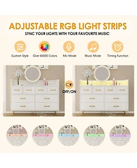 gaomon 8-Drawer Modern Dresser with Led Light & Charging Station, Wooden Chest, Open Shelf, Bedroom, Living Room