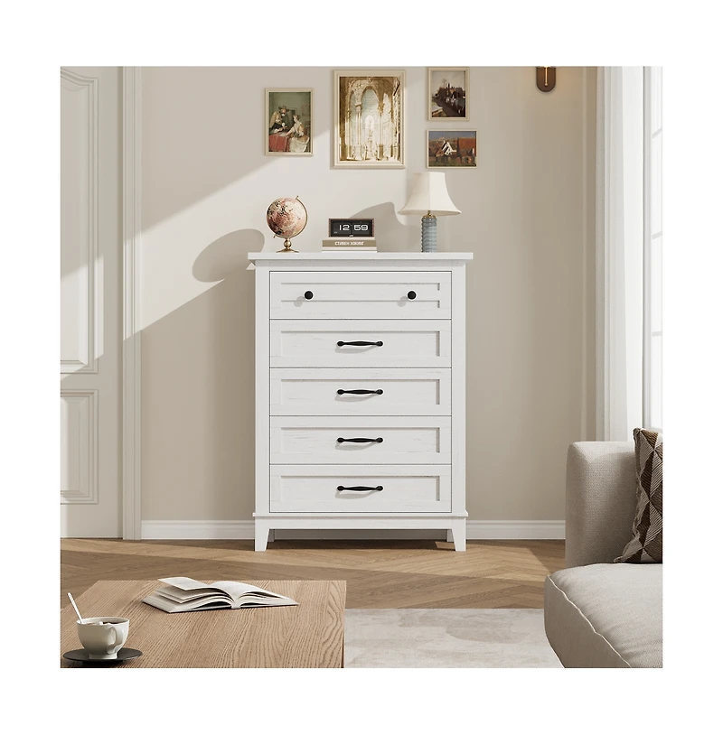 gaomon 5-Drawer White Freestanding Wooden Chest, 41.3" Tall, Vertical Dresser for Living Room, Bedroom, Entryway