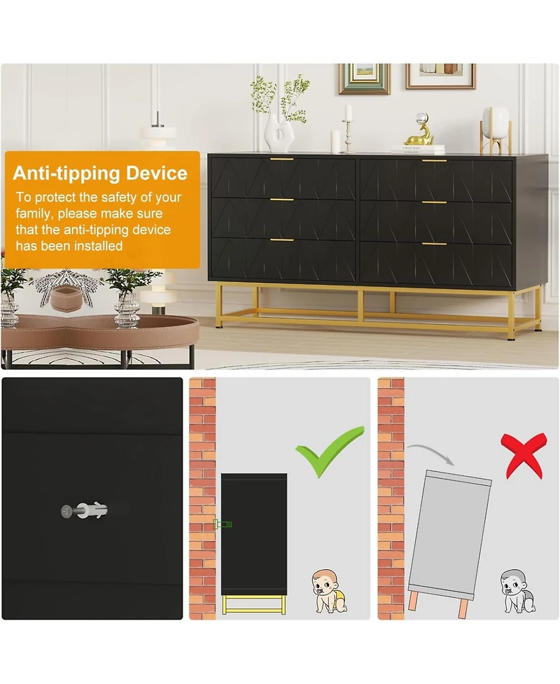 gaomon 6-Drawer Black Engineered Wood Dresser, Rust-Resistant Finish, Sturdy Metal Frame, Bedroom Storage