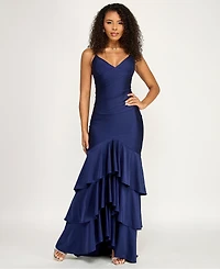 Katia Rae Juniors' V-Neck Ruffled Tie-Back Gown