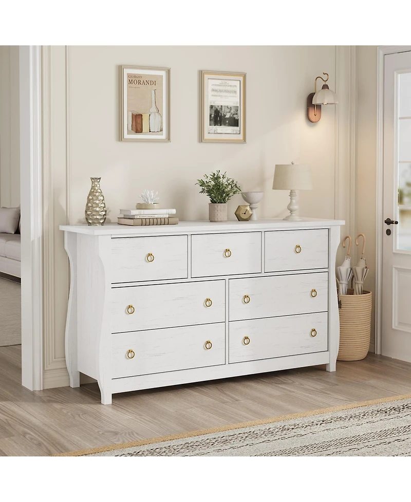 gaomon 7-Drawer Modern Wood Dresser with Golden Ring Pull Handles, Wide Storage Chest Organizer for Living Room, Entryway