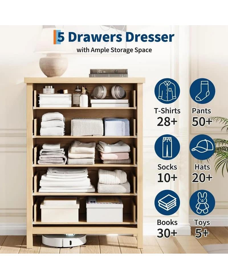 gaomon 5-Drawer Modern Fluted Dresser Bedroom Chest, Fluted Drawers with Metal Handle, Large Storage Cabinet for Nursery, Living Room