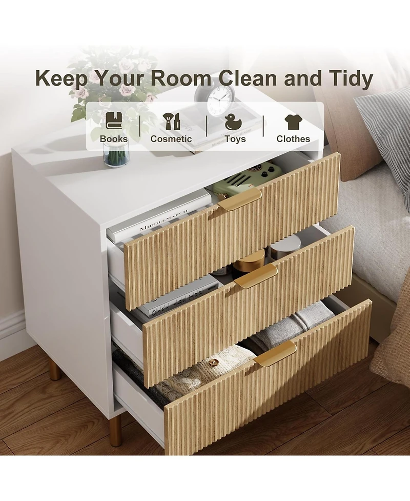 gaomon 3-Drawer Modern Dresser, 30" Tall, Fluted Chest with Gold Handles, Anti-Tip Device, Bedroom, Living Room, Kids Room