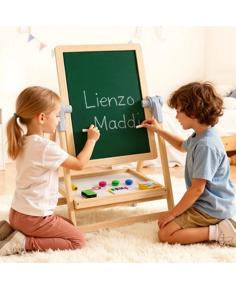 Mecale Kids Art Easel, 2-in-1 Wooden Double-Sided Easel with Whiteboard, Chalkboard and Painting Accessories