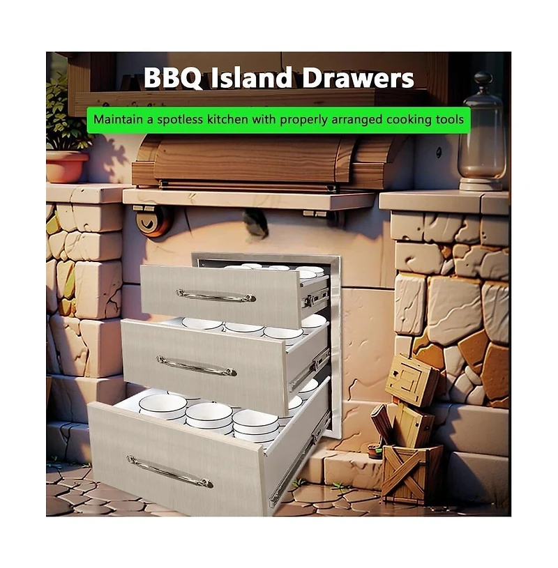 gaomon 14x20.5x23 Inch Outdoor Kitchen Drawer, 3-Layer Stainless Steel, Enclosed Built-In Bbq Access Drawer, Bbq Island