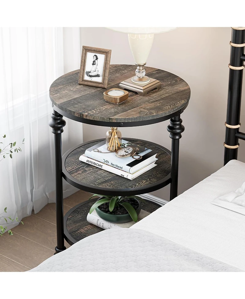 gaomon Round 3-Tier Side Table with Shelves, Small Space Coffee Table, High Load Capacity, Easy Assembly, Dark Oak