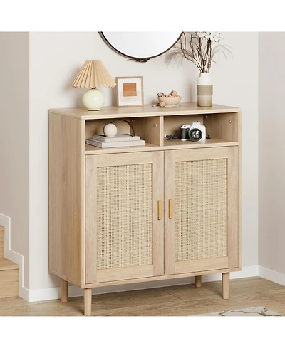 gaomon Rattan Sideboard Buffet Cabinet with 2 Doors & Shelf, Modern Kitchen Storage Cabinet, Dining, Entry Hallway, 36" H, Natural