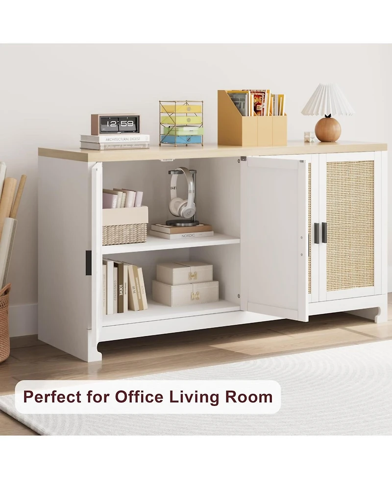 gaomon Modern Rattan Accent Storage Cabinet with 4 Doors & Shelf, Console Coffee Bar, Dining Room, Kitchen, Living Room, White