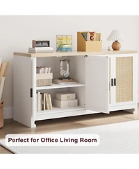 gaomon Modern Rattan Accent Storage Cabinet with 4 Doors & Shelf, Console Coffee Bar, Dining Room, Kitchen, Living Room, White