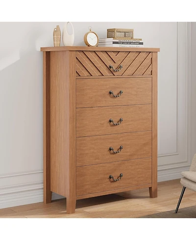 gaomon 5-Drawer Brown Wooden Dresser, Elegant V Shape Nightstand, Storage for Living Room, Nursery, Entryway, Bedroom