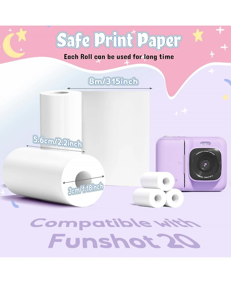Swifint Kids Instant Print Camera Paper, thermal refill rolls. Compatible with Funshot 20, 2.2"x26ft per roll