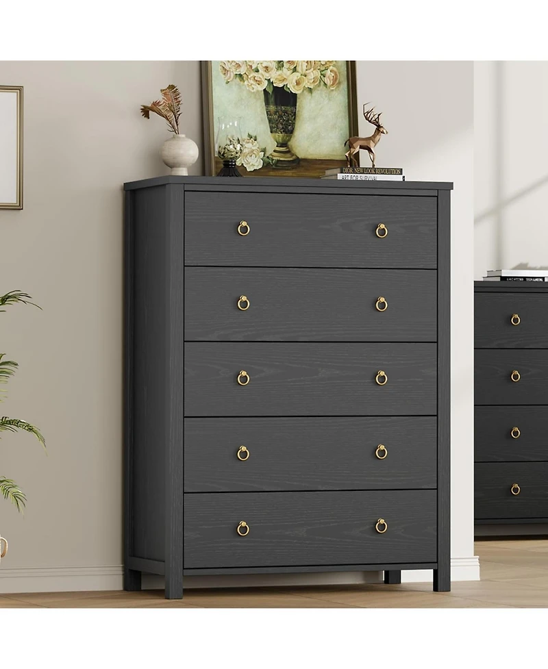 gaomon 5-Drawer Black Tall Dresser, 45" Wooden Chest, Clothes Storage Cabinet, Drawer Organizer for Bedroom, Living Room