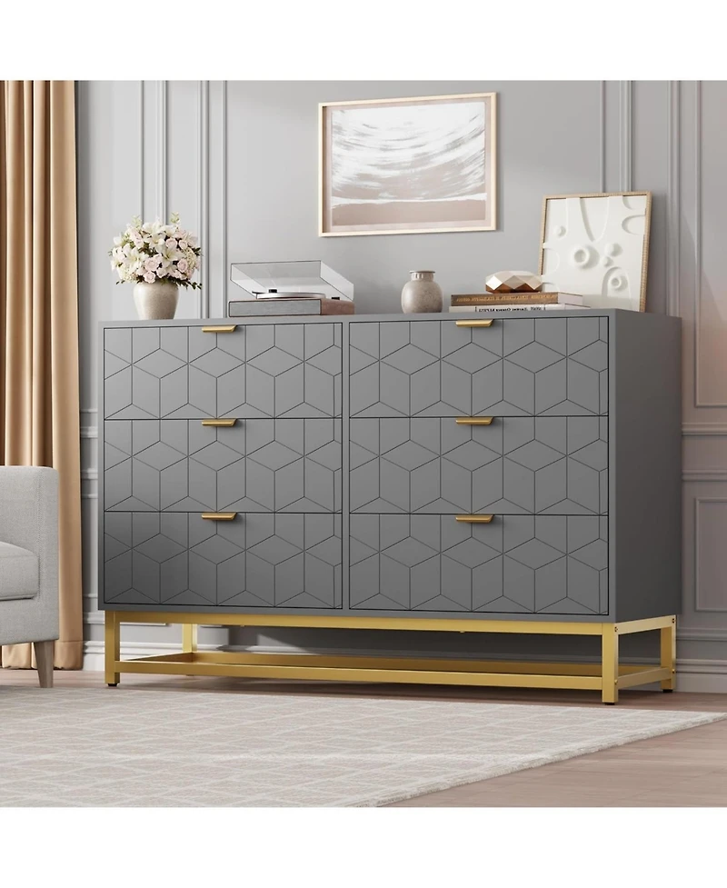 gaomon 47.2 Inch Grey 6-Drawer Modern Dresser, Wide Chest, Gold Metal Legs & Handles, Storage for Bedroom, Living Room, Hallway