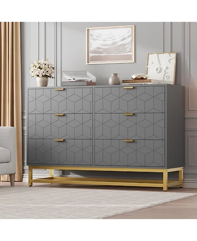 gaomon 47.2 Inch Grey 6-Drawer Modern Dresser, Wide Chest, Gold Metal Legs & Handles, Storage for Bedroom, Living Room, Hallway