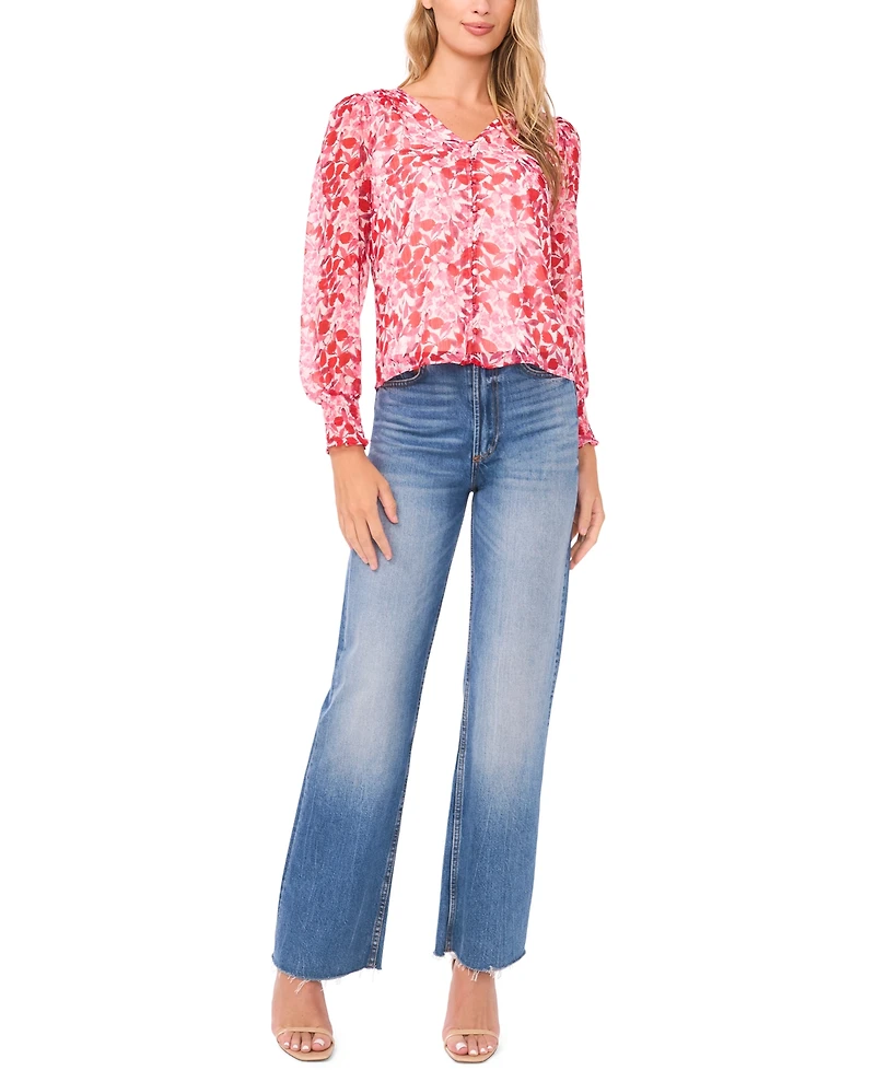 Sam & Jess Women's V-Neck Button-Front Smocked-Shoulder Top