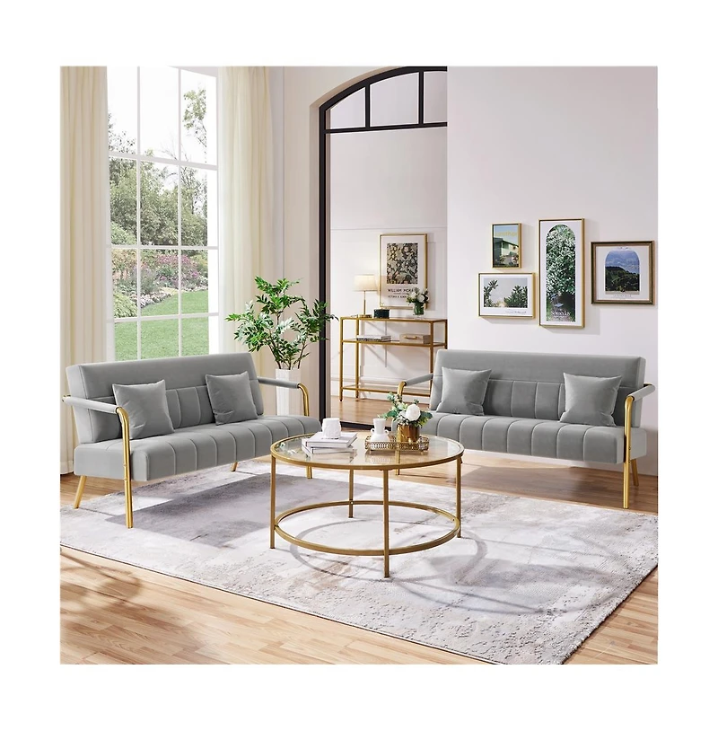 Yaheetech 56.5 W Upholstered Sofa Couch with Gold-tone Metal Arms and Legs