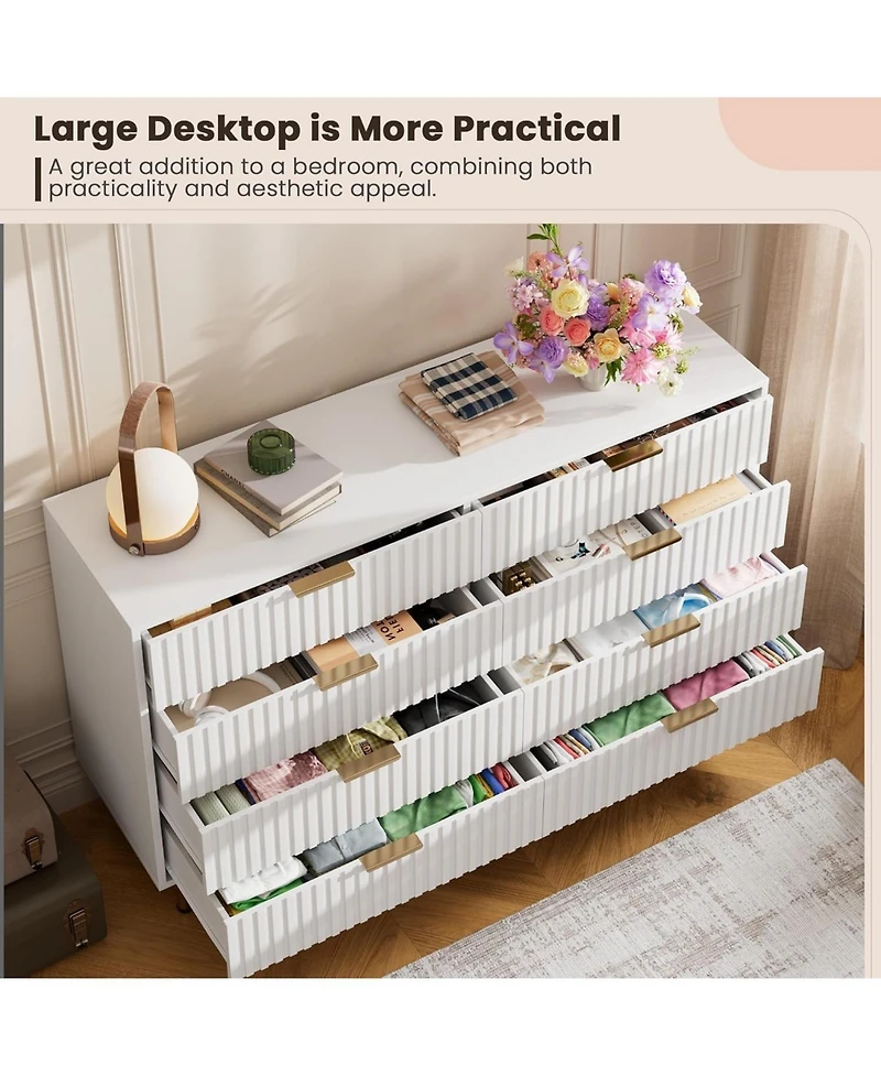 gaomon 8-Drawer 55-Inch-Wide Chest, Deep Drawers, Large Organizer Modern Fluted White Dresser
