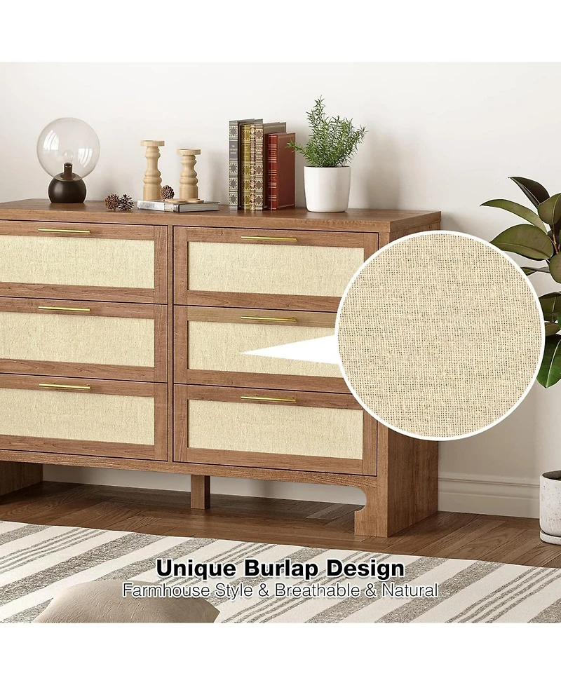 gaomon 6-Drawer Mid Century Modern Burlap Wood Dresser Bedroom Storage Cabinet, Wide Chest with Wood Legs for Living Room, Tv Stand, Nursery