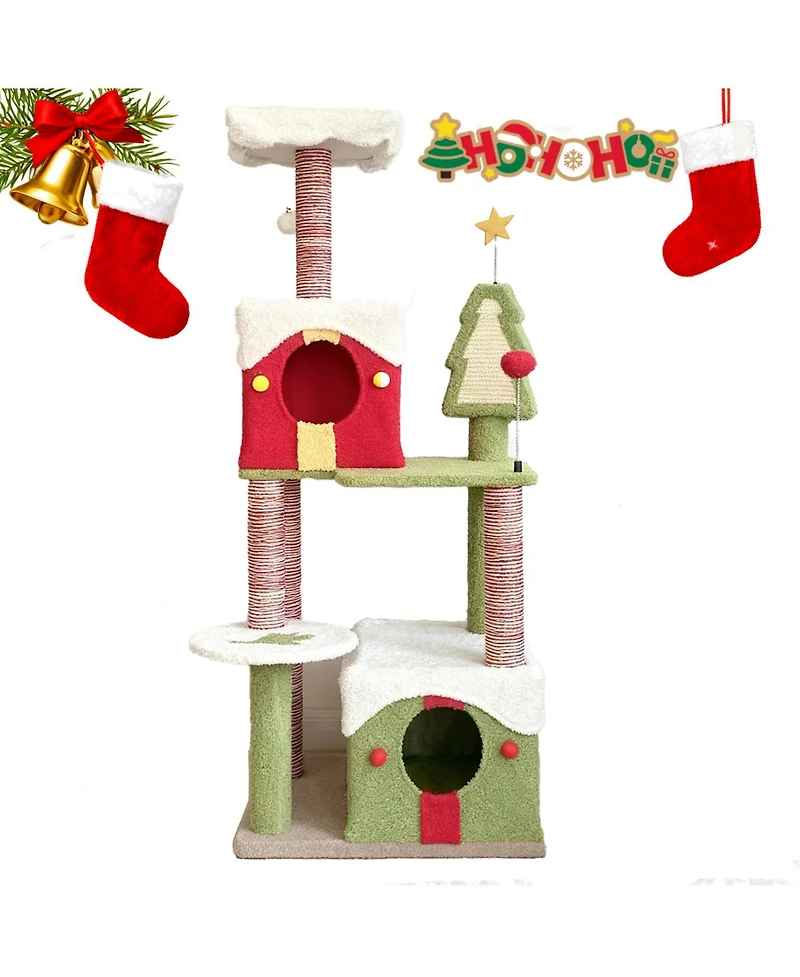 Aostirmotor Festive 54" Christmas Cat Tree with Multi-Level Perches, Condos & Scratching Posts