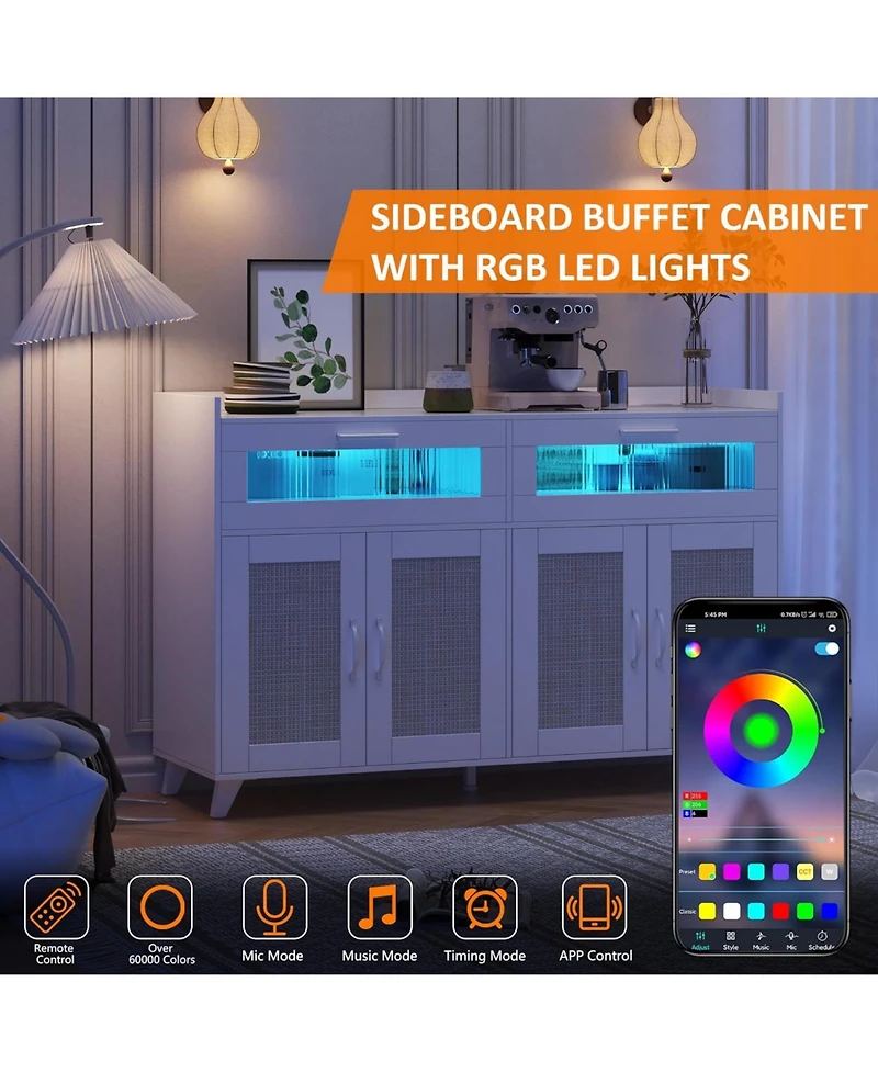 gaomon Farmhouse Rattan Storage Cabinet with Charging Station and Led Light, Heavy Duty Buffet