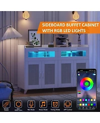 gaomon Farmhouse Rattan Storage Cabinet with Charging Station and Led Light, Heavy Duty Buffet