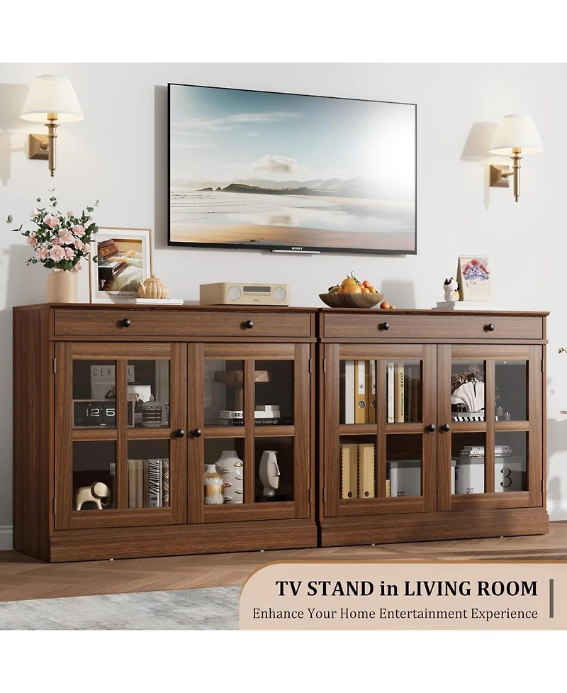 gaomon 35.4 Inch Walnut Sideboard Buffet Cabinet, Glass Door, Drawer Storage, Modern Dining Room, Kitchen Cabinet