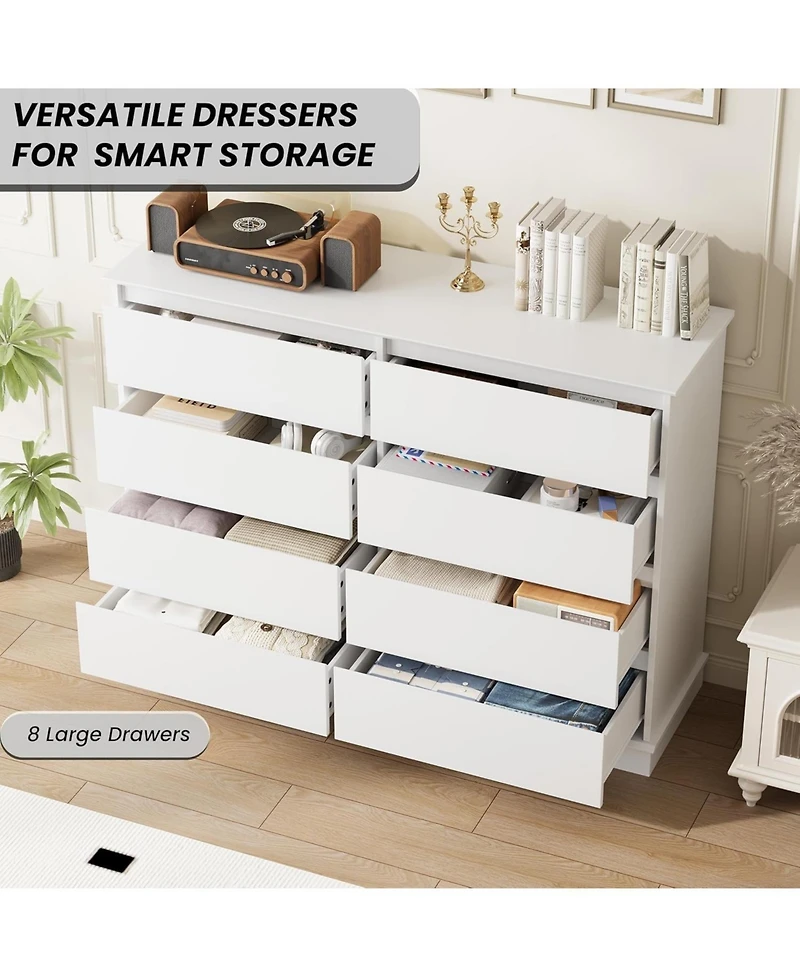 gaomon 8-Drawer White Dresser, Wide Wooden Chest of Drawers, Wide Top Organizer for Closet, Hallway, Living Room