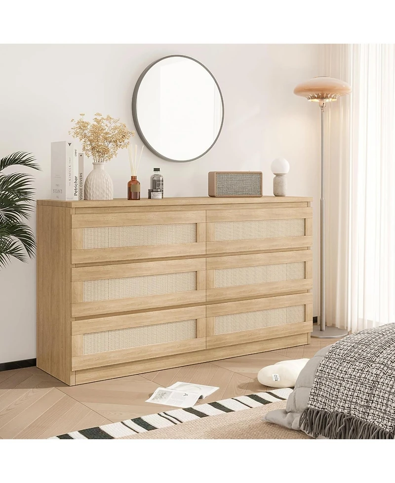gaomon 6 Drawer Natural Wood Multi-Purpose Rattan Fronts, Smooth Operation, Tv Stand - Dresser