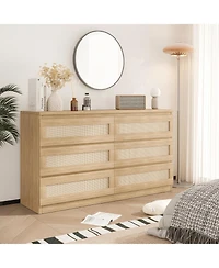 gaomon 6 Drawer Natural Wood Multi-Purpose Rattan Fronts, Smooth Operation, Tv Stand - Dresser