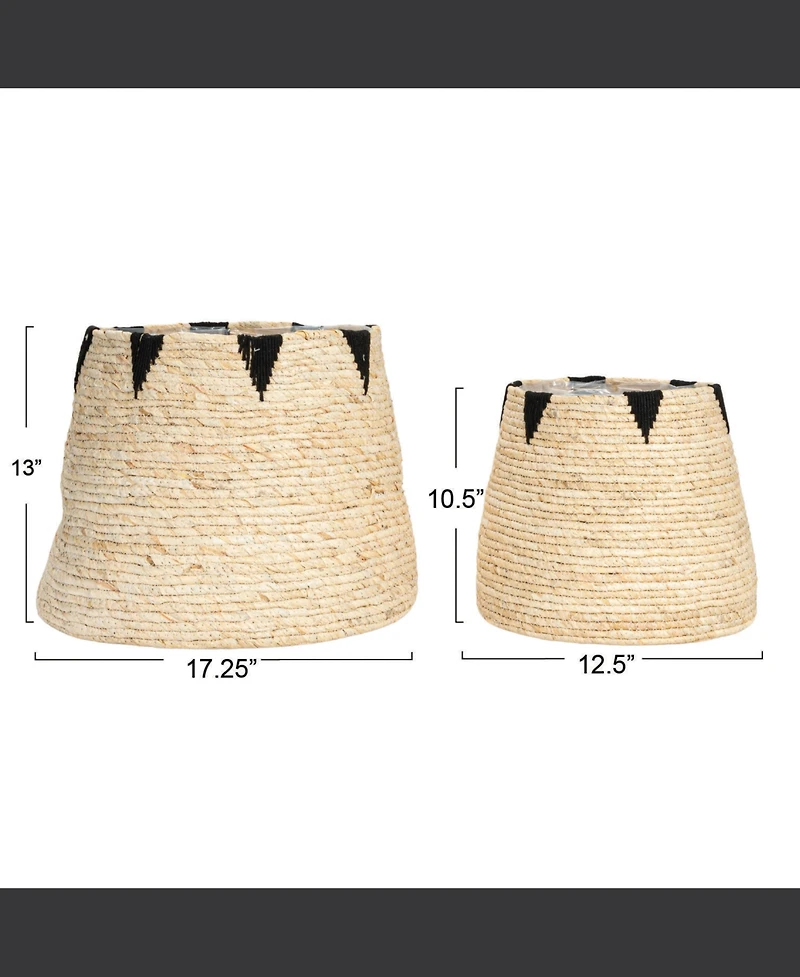 Household Essentials Round Handwoven Corn Leaf Basket Set of 2 with Plastic Liner, Natural with Black Accents