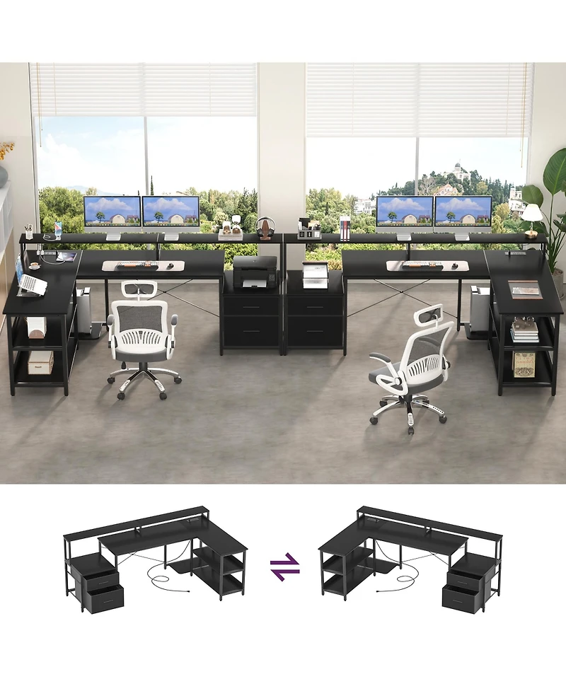 Aheaplus 72.8" L Shaped Desk with File Drawer, Reversible Computer Power Outlet, Led Strip, Monitor Stand & Storage Shelves