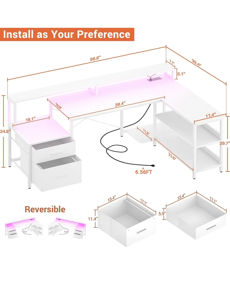 Aheaplus 67'' L-Shaped Desk with Drawers and Shelves, Reversible Corner Computer Power Outlet & Monitor Stand