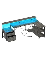 Aheaplus 72.8" L Shaped Desk with File Drawer, Reversible Computer Power Outlet, Led Strip, Monitor Stand & Storage Shelves