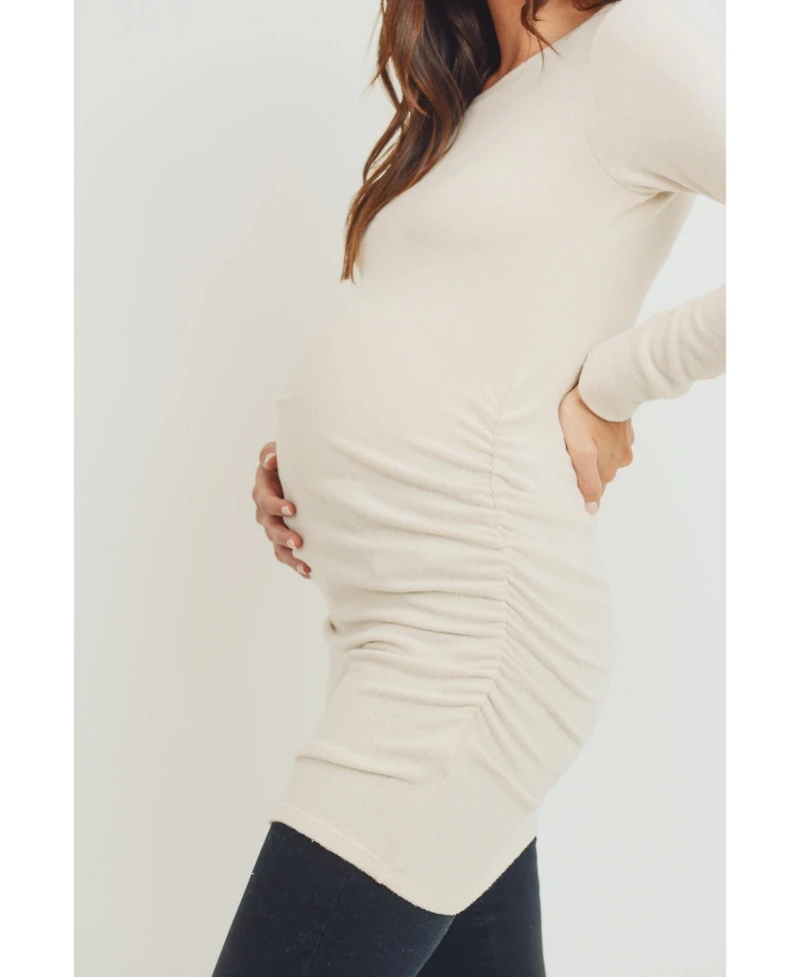 Hello Miz Maternity Long Sleeve Crew Neck Side Ruching Knit Top