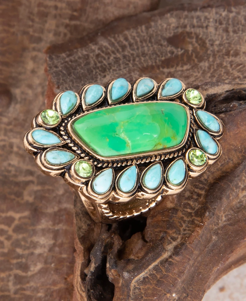 Barse Legacy Lime Green and Blue Turquoise Golden Statement Ring
