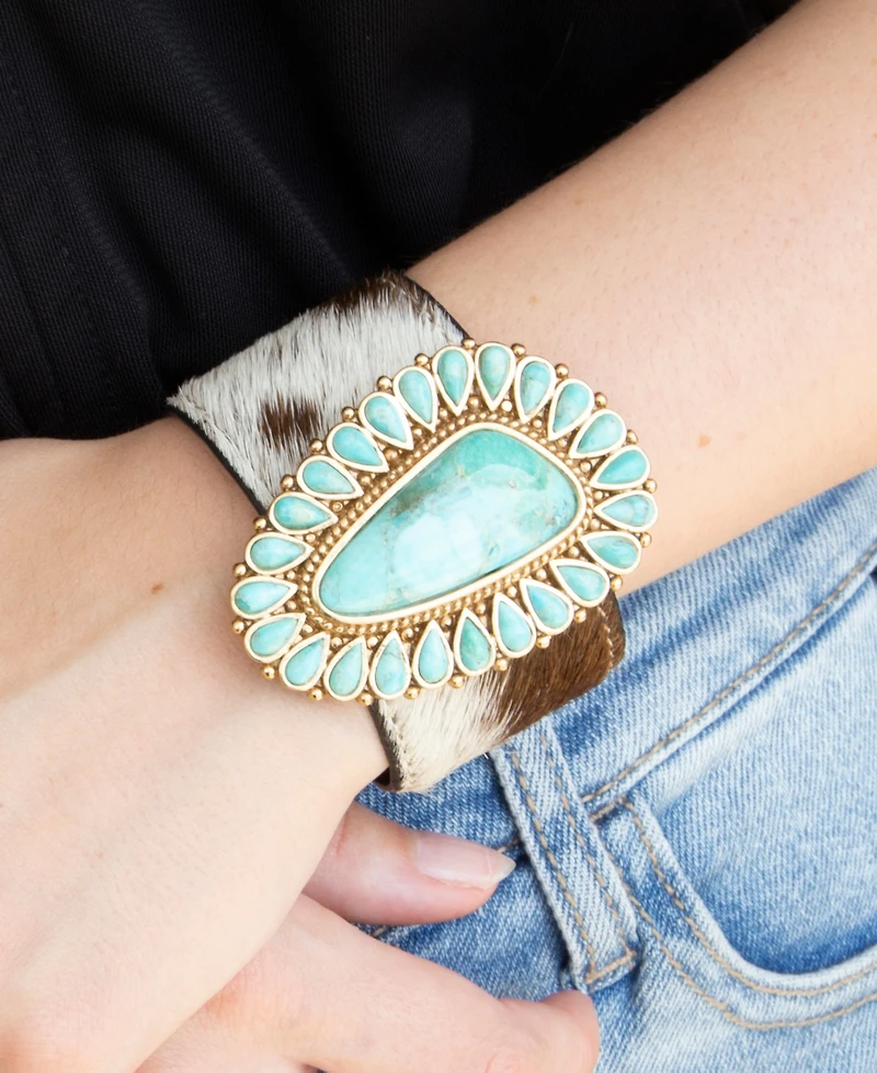 Barse Genuine Turquoise Golden Bronze Cow Hide Cuff Bracelet